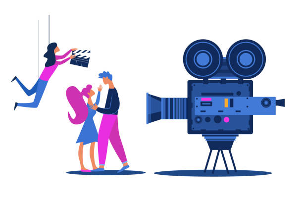 Movie Shooting Hollywood Love Story Scene with Actors Man and Woman Characters Kissing in front of Videocamera, Woman with Clapperboard Hang on Ropes. Filming Process Cartoon Flat Vector Illustration